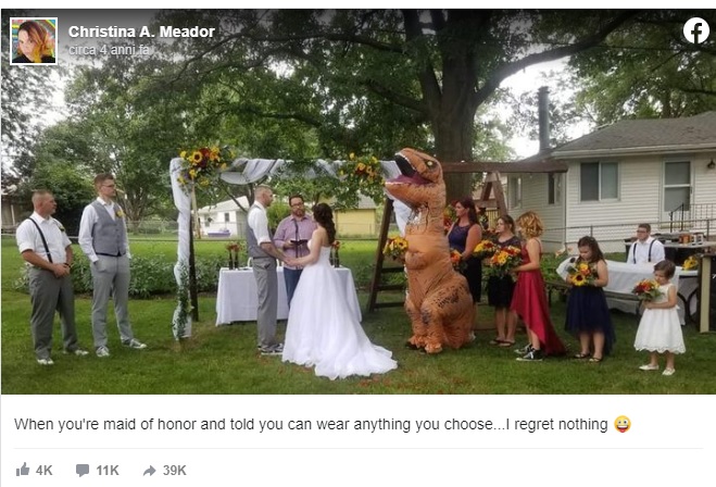 Damigella d’onore si presenta al matrimonio vestita da T-Rex. La sposa apprezza l’abito.